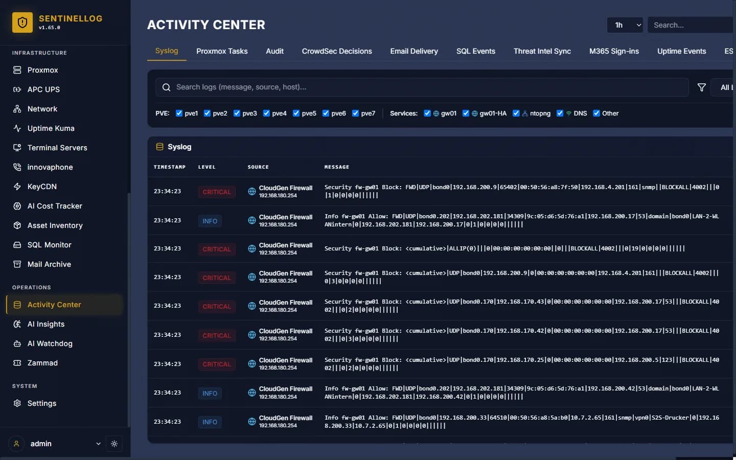 Live log view of the activity center