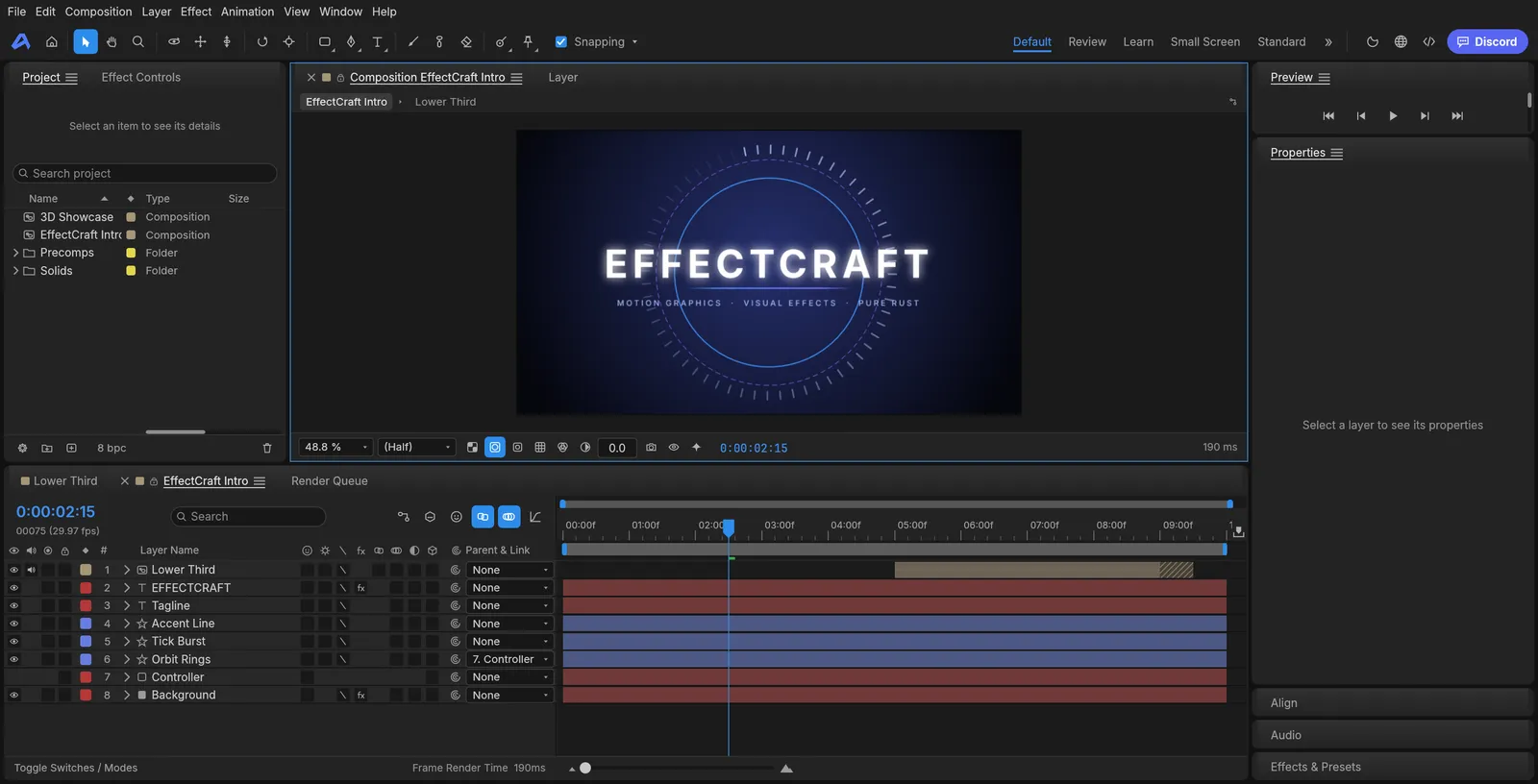 EffectCraft über WebGL2 mit der Komposition EffectCraft Intro, Ebenenliste und Zeitleiste