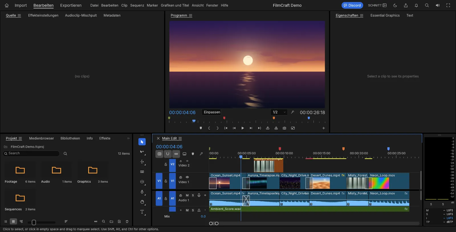 FilmCraft im Browser mit Vorschau, Projektfenster und Zeitleiste mit sechs Clips