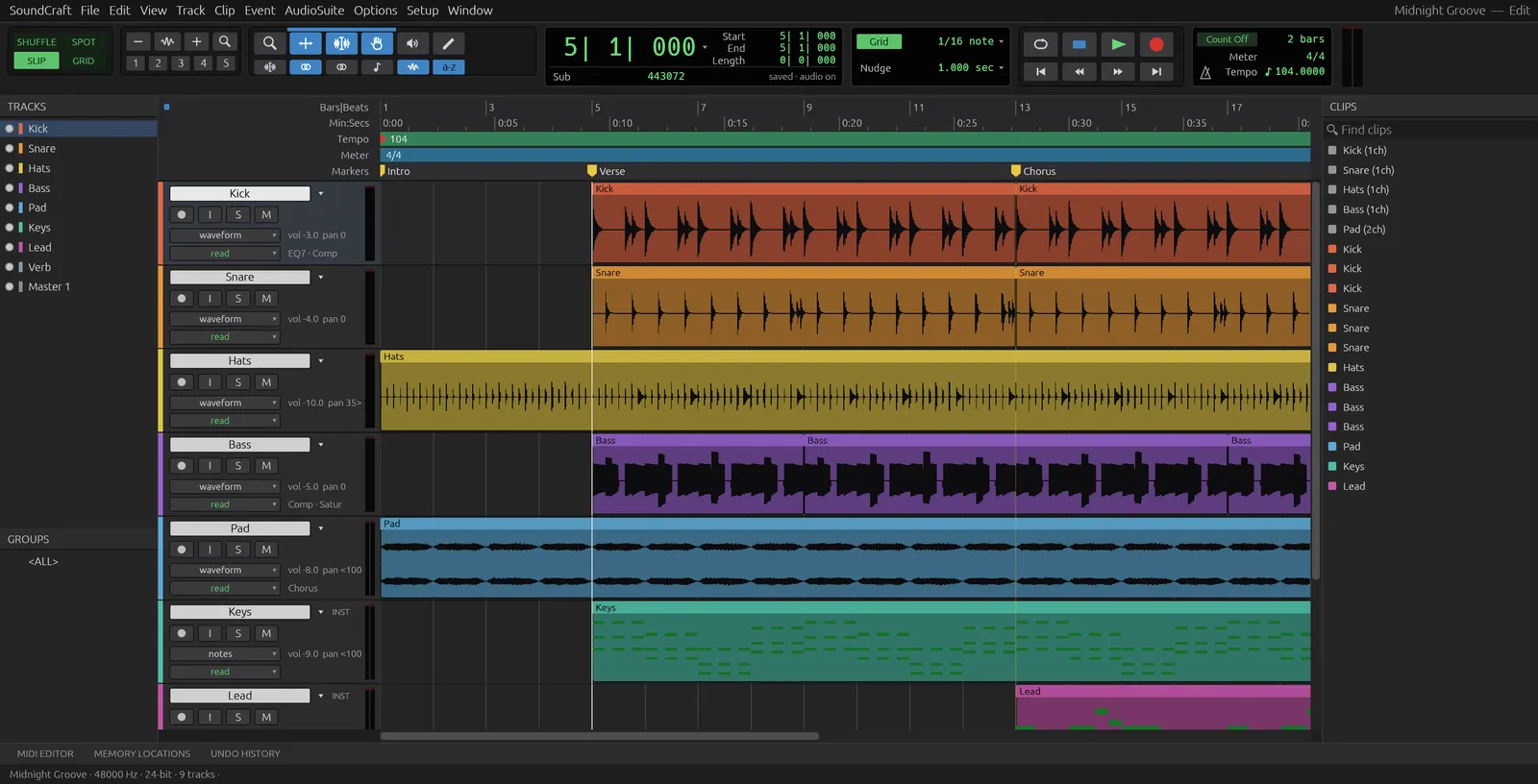 SoundCraft im Browser: Sitzung Midnight Groove mit neun Spuren