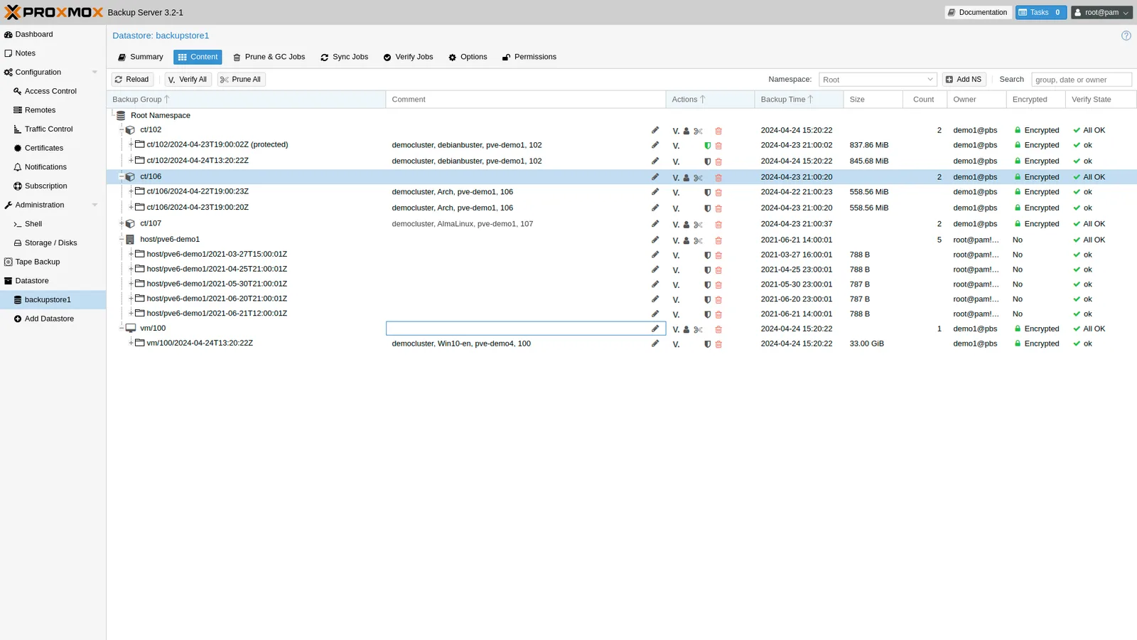 Proxmox Backup Server — Datastore-Inhalt